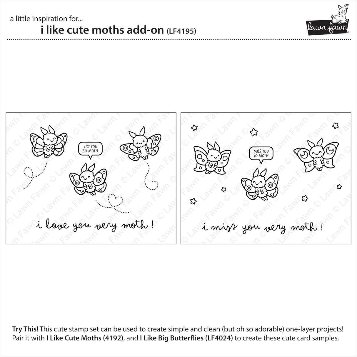 Lawn Fawn I Like Cute Moths Add-On Stamps and die Bundle - LF4195/LF4196