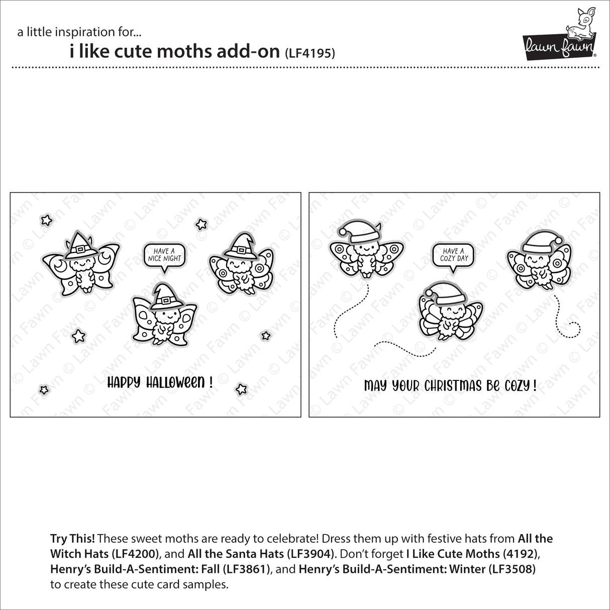 Lawn Fawn I Like Cute Moths Add-On Stamps and die Bundle - LF4195/LF4196
