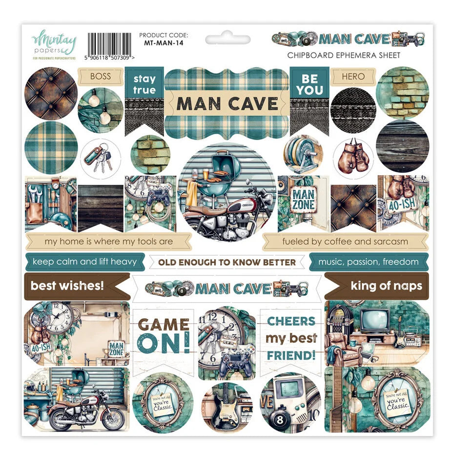Mintay Man Cave 12x12 Inch Chipboard Ephemera Sheet (MT-MAN-14)