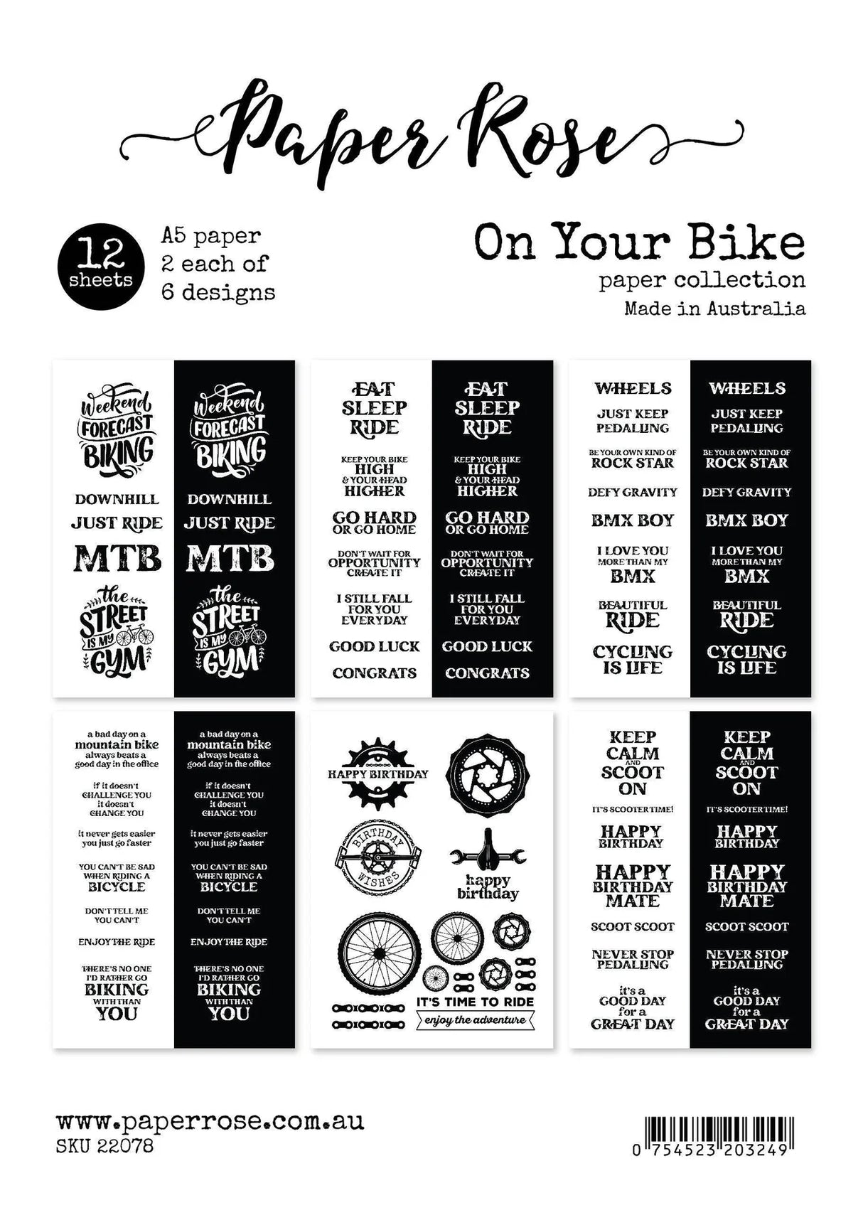 Paper Rose Studio On Your Bike A5 12pc Sentiment Sheets 22078