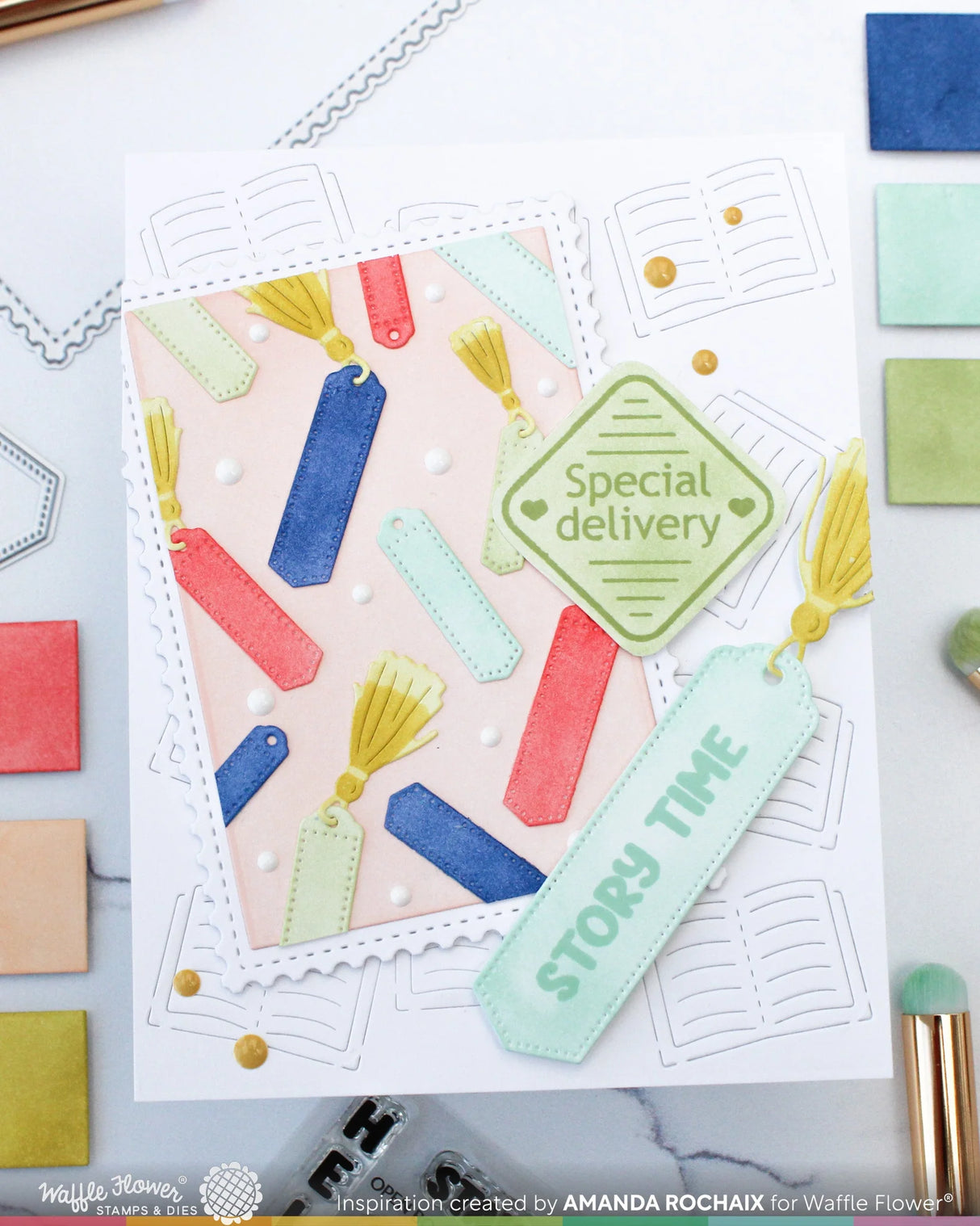 Waffle Flower Crafts Open Book Bookmark Coloring Stencil