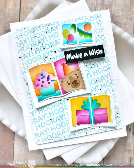 Waffle Flower Crafts Open Book Trio Birthday Stencil