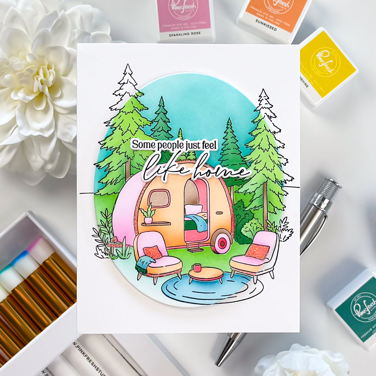 Pinkfresh Studio Retro Camp Days Stamp/ Die/ Stencil Bundle