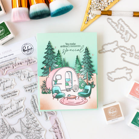 Pinkfresh Studio Retro Camp Days Stamp/ Die/ Stencil Bundle