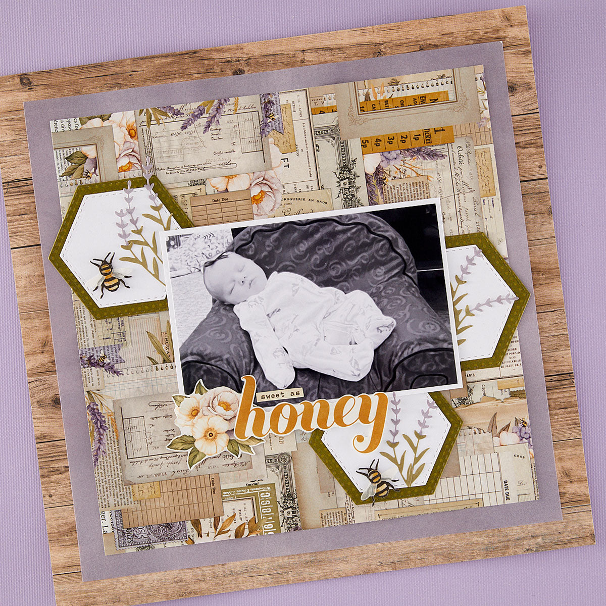 Spellbinders Simple Vintage Lavender Fields Hexagons Etched Dies with Simple Stories