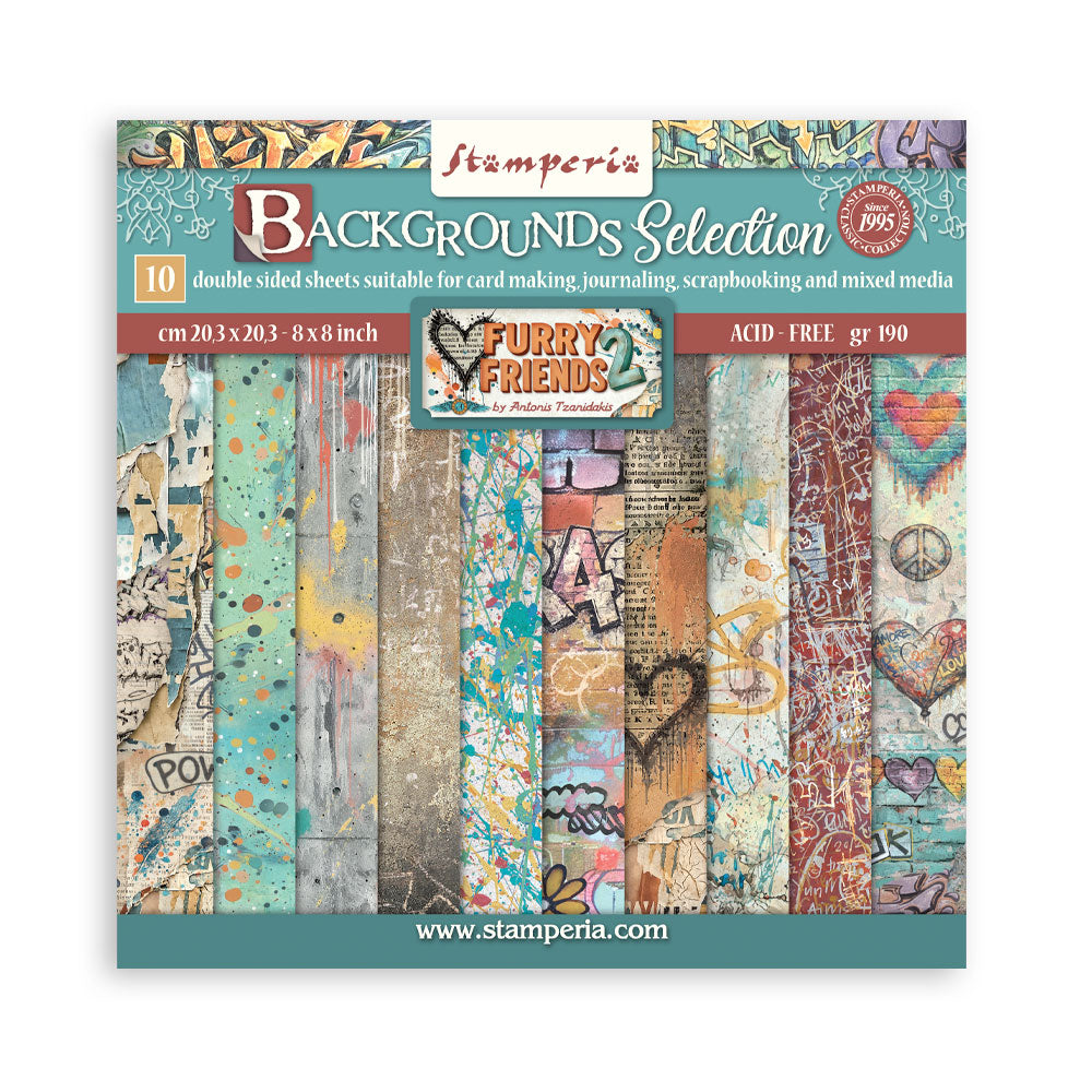 Stamperia Furry Friends 2 8x8 Inch Paper Pack Maxi Background Selection by Antonis Tzanidakis - SBBS151