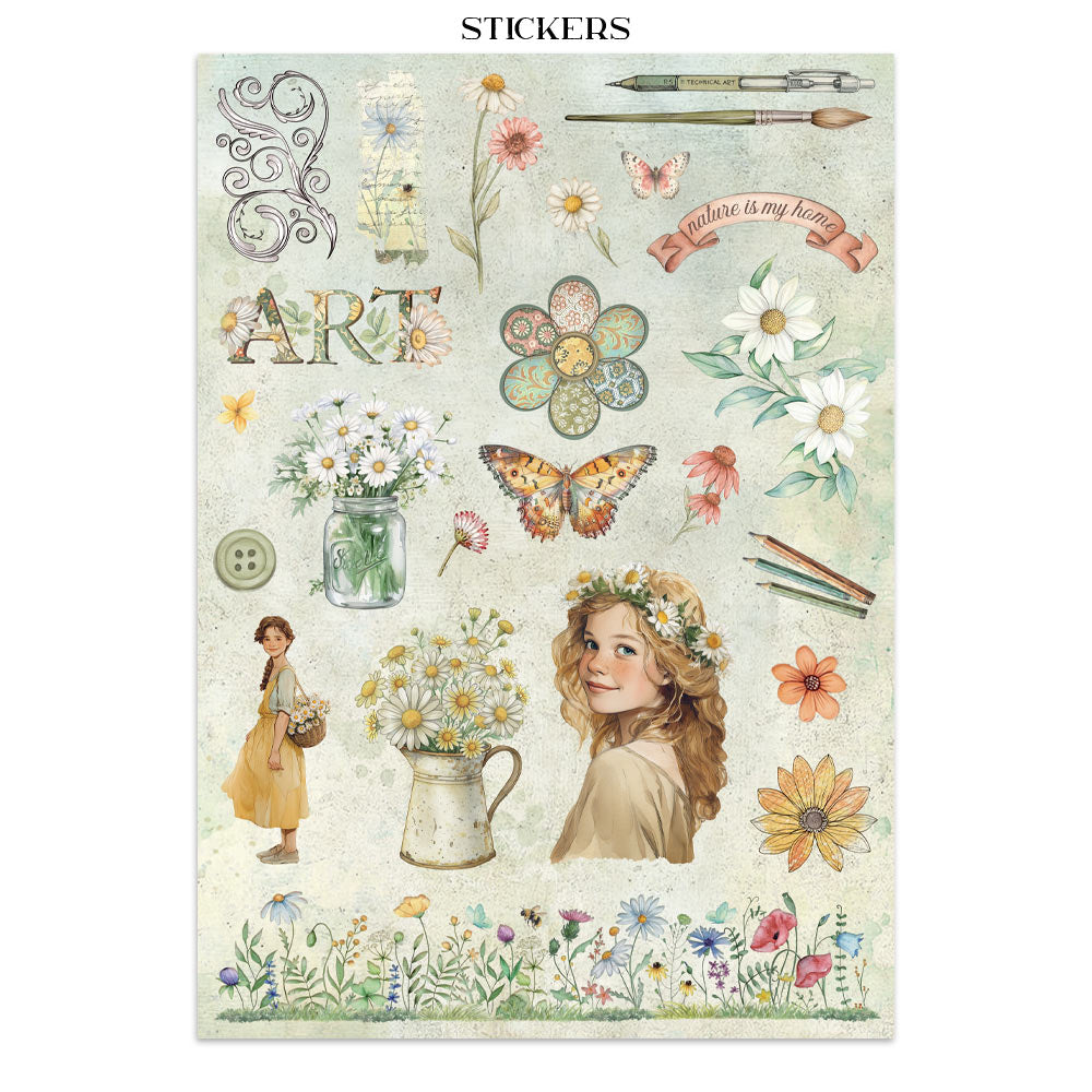 Stamperia Daisy Art Junk Journal Stickers, Backgrounds, Cut-Outs (SBJK14)