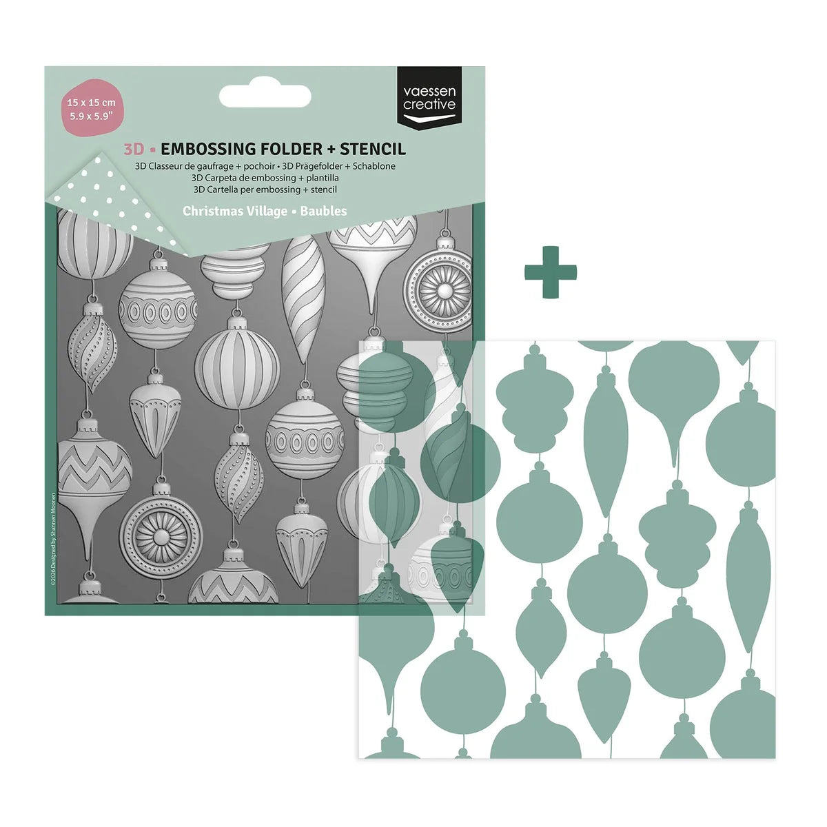 Vaessen Creative 3D Embossing Folder + Stencil Christmas Baubles 5.9x5.9" - 3625-0607