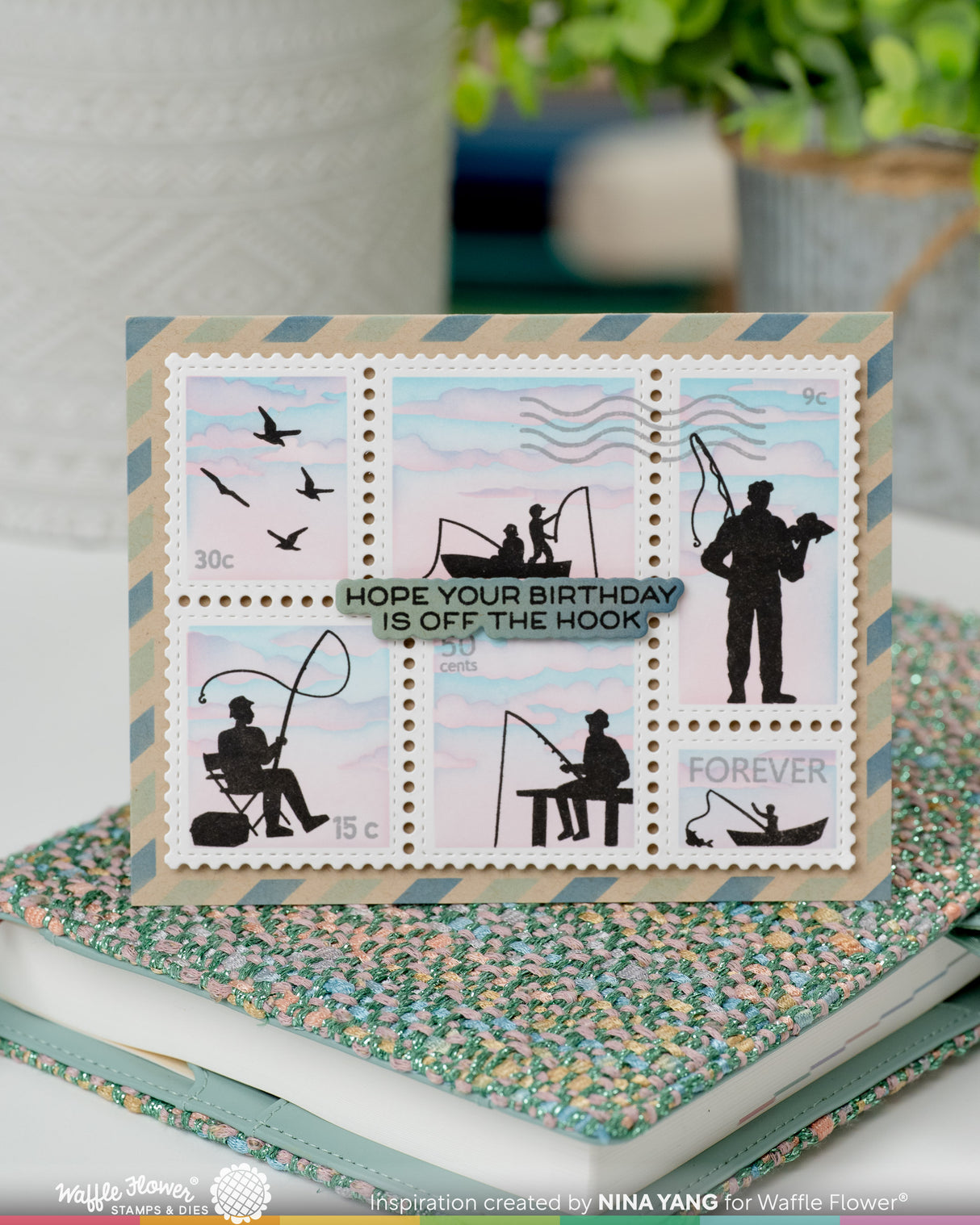 Waffle Flower Postage Collage Fishing Silhouettes Stamp Set - 422555