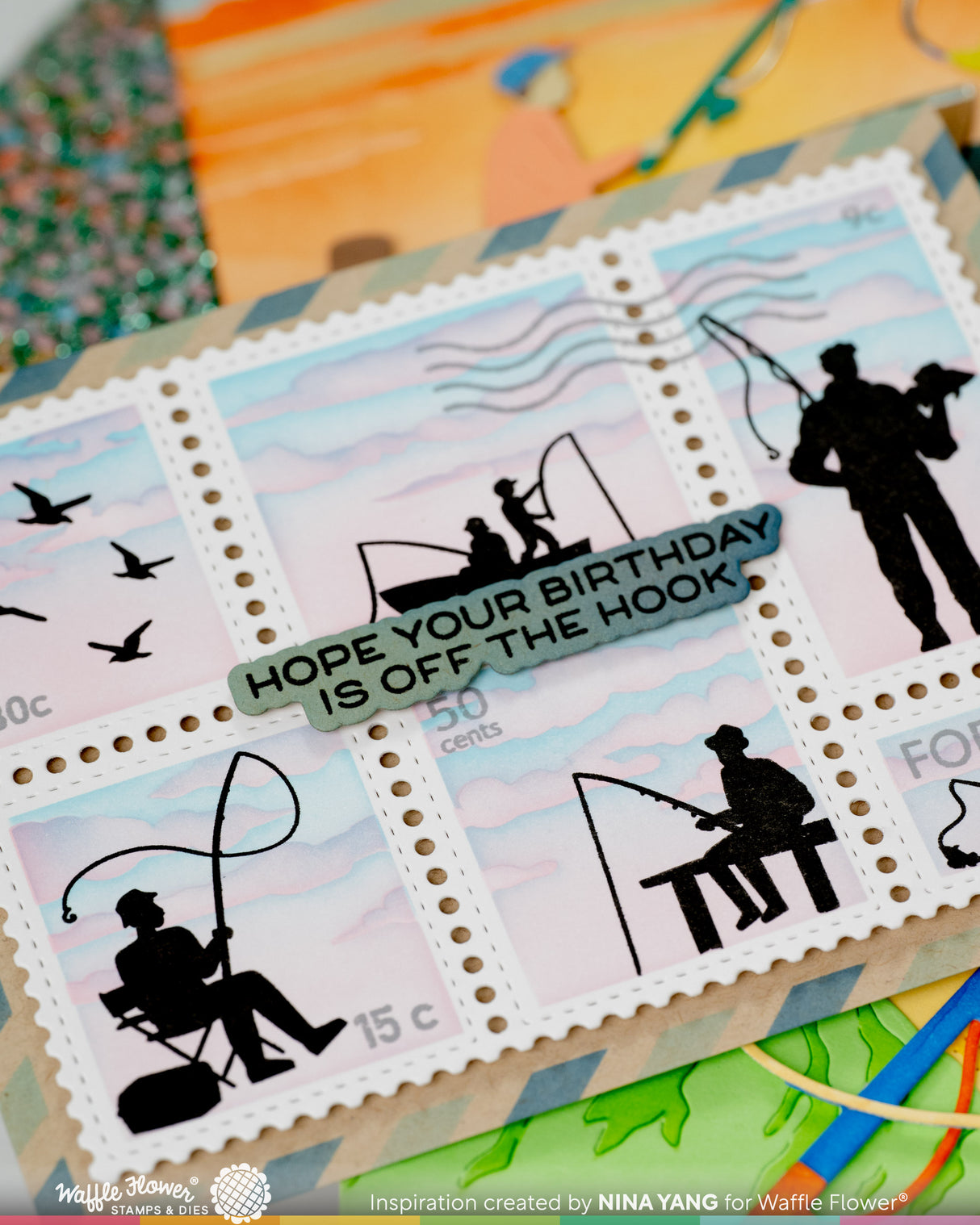Waffle Flower Postage Collage Fishing Silhouettes Stamp Set - 422555