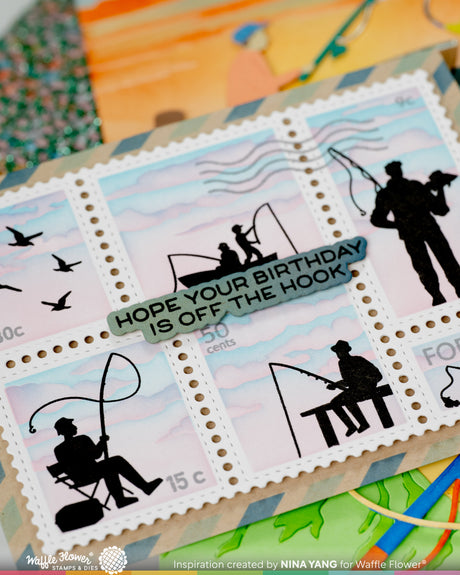 Waffle Flower Postage Collage Fishing Silhouettes Stamp Set - 422555