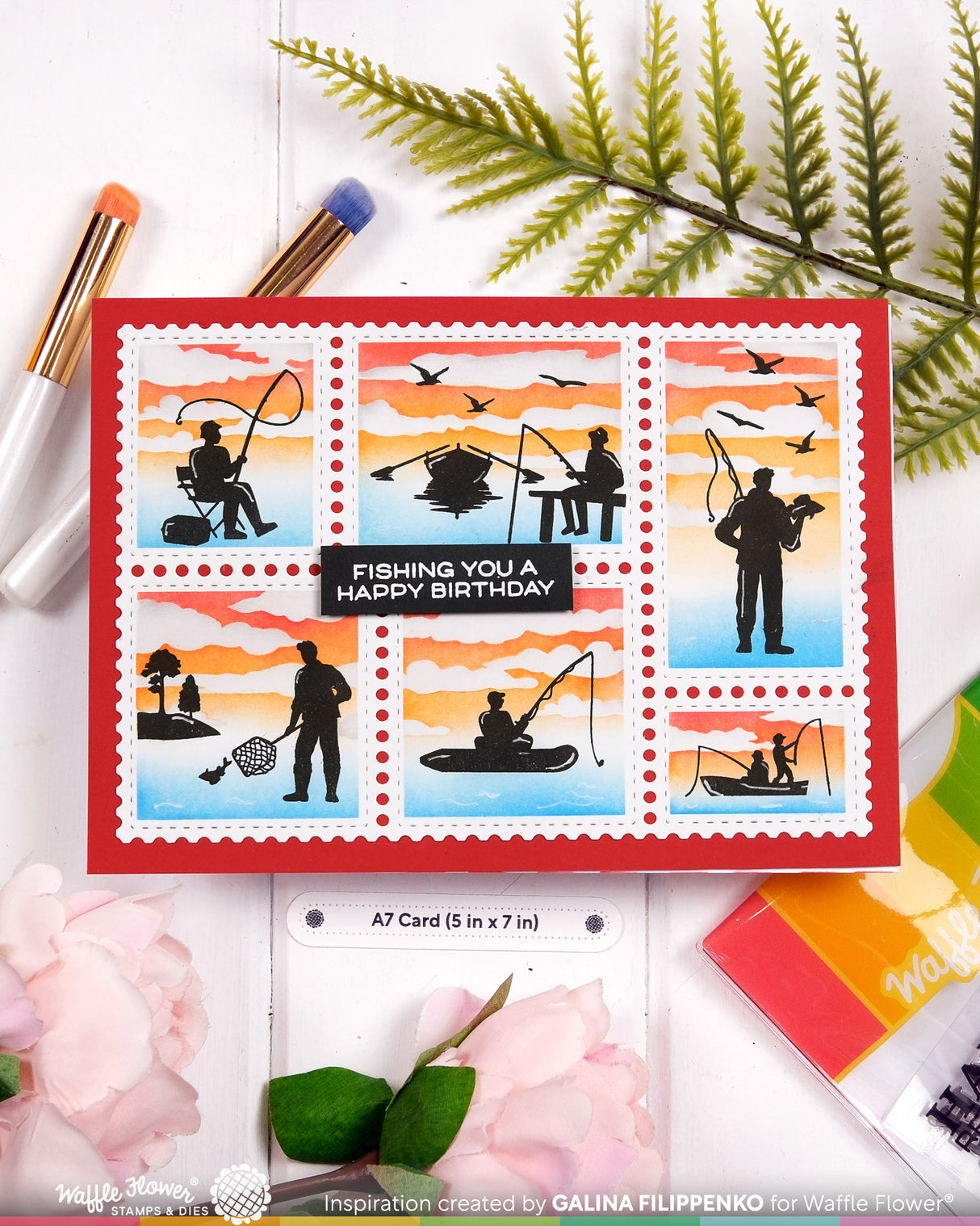 Waffle Flower Postage Collage Fishing Silhouettes Stamp Set - 422555