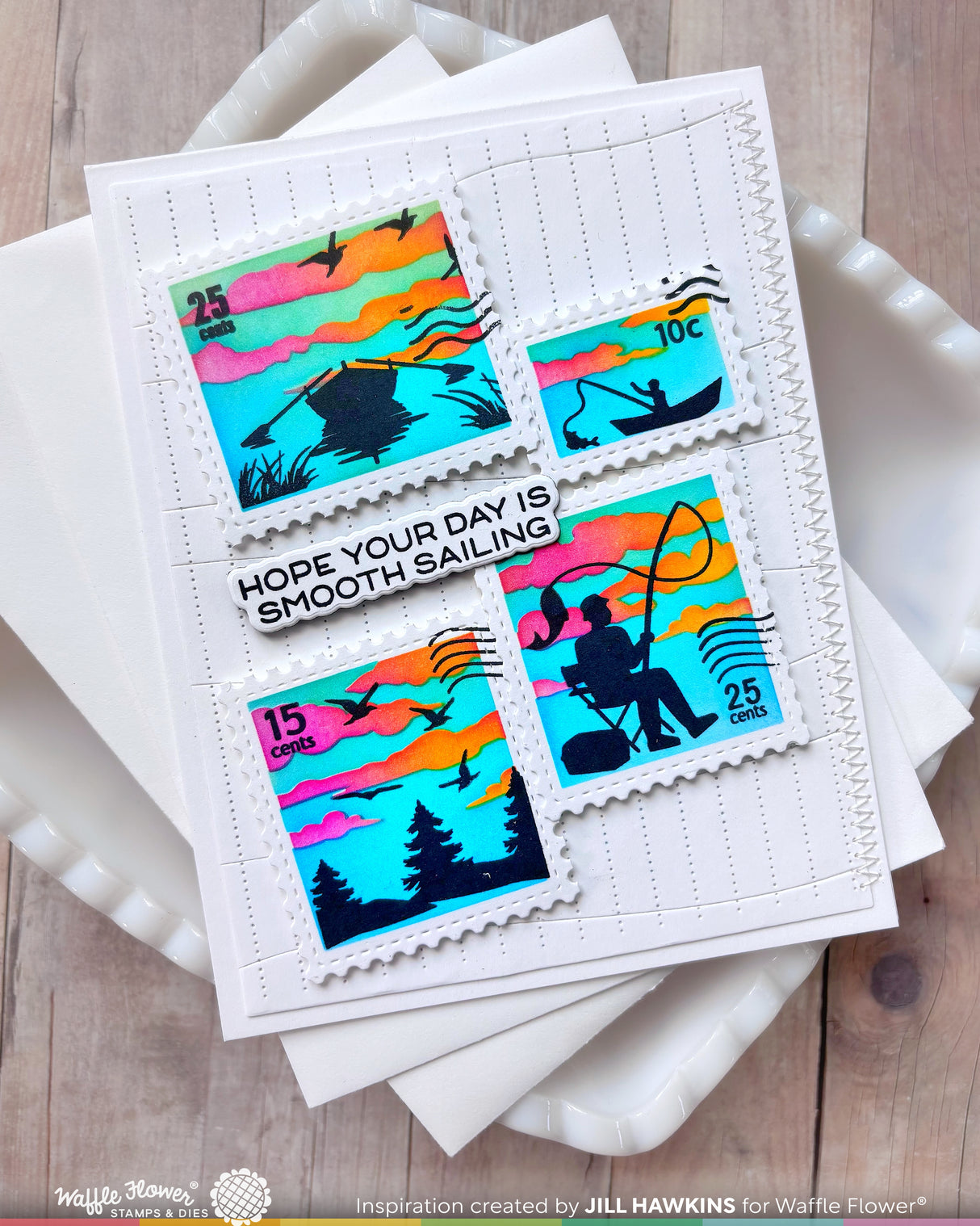 Waffle Flower Postage Collage Fishing Silhouettes Stamp Set - 422555