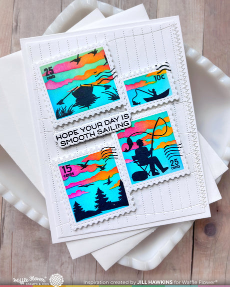 Waffle Flower Postage Collage Fishing Silhouettes Stamp Set - 422555