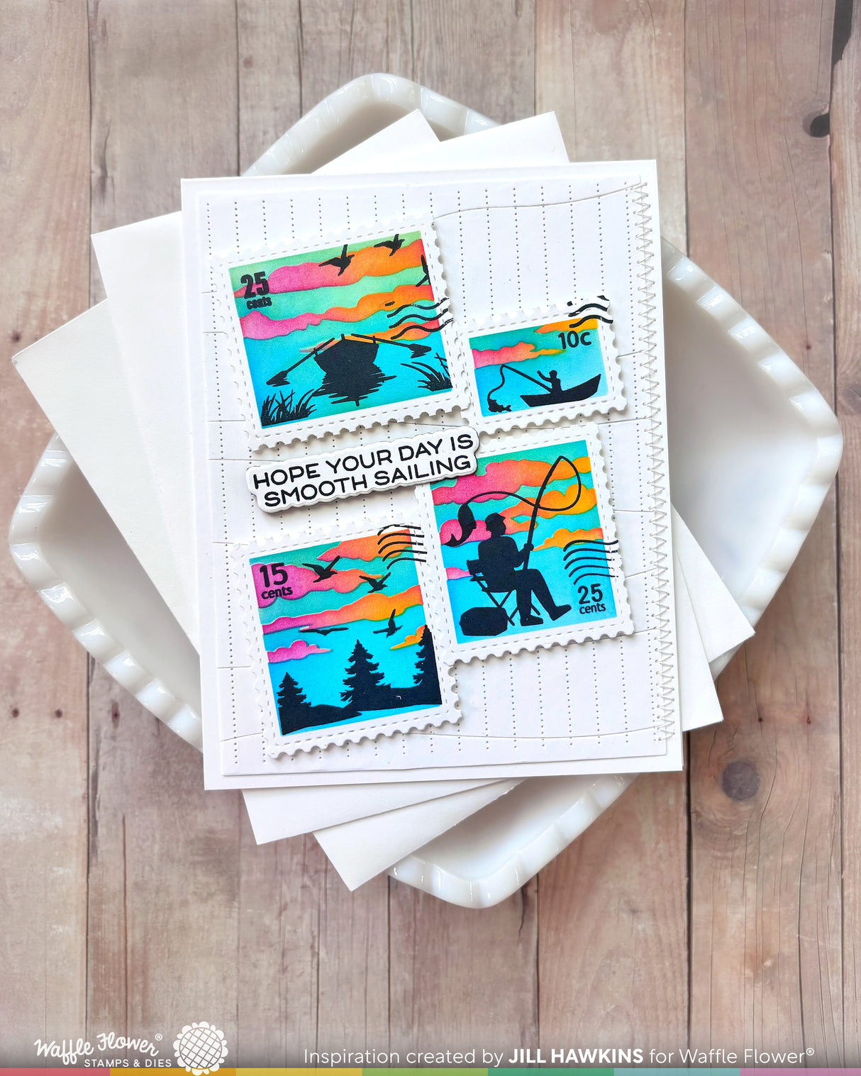 Waffle Flower Postage Collage Fishing Silhouettes Stamp Set - 422555