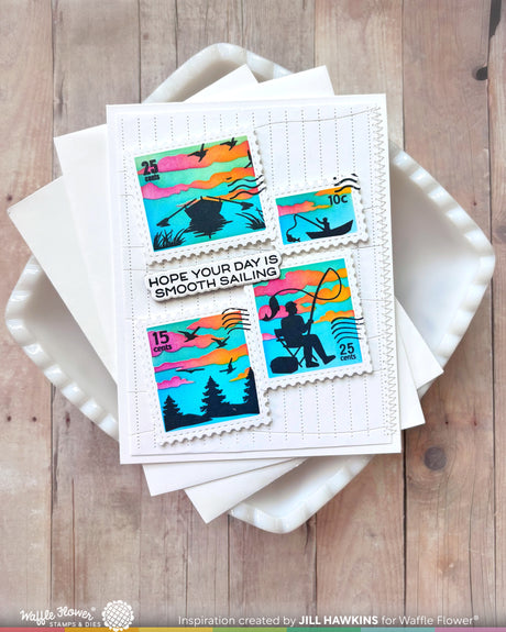 Waffle Flower Postage Collage Fishing Silhouettes Stamp Set - 422555