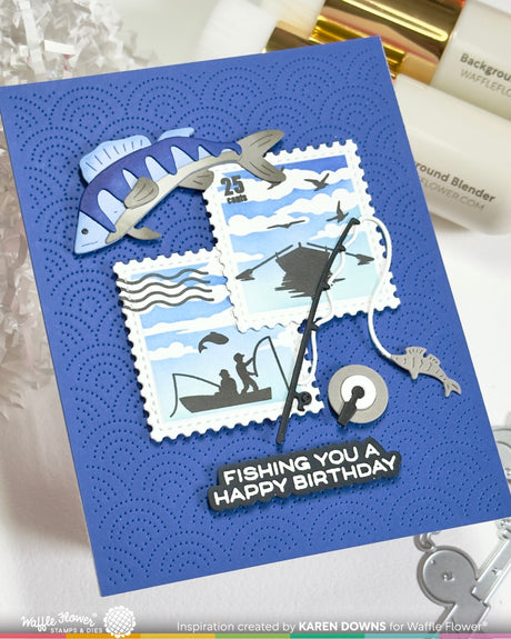Waffle Flower Postage Collage Fishing Silhouettes Stamp Set - 422555