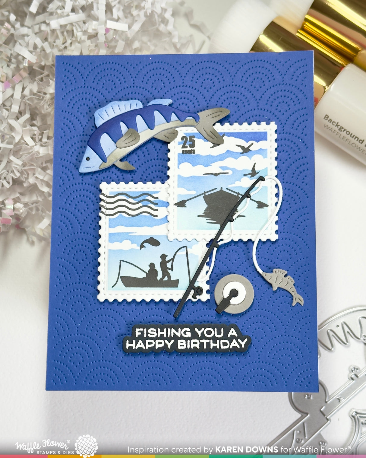 Waffle Flower Postage Collage Fishing Silhouettes Stamp Set - 422555