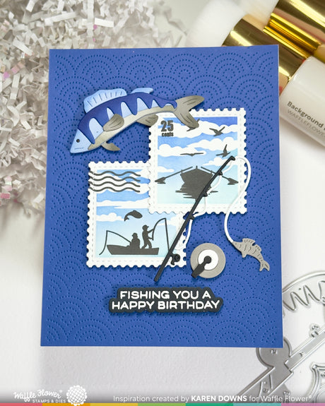 Waffle Flower Postage Collage Fishing Silhouettes Stamp Set - 422555