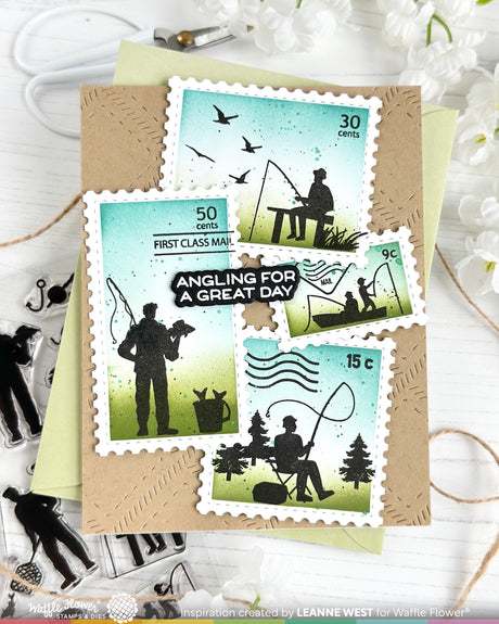 Waffle Flower Postage Collage Fishing Silhouettes Stamp Set - 422555