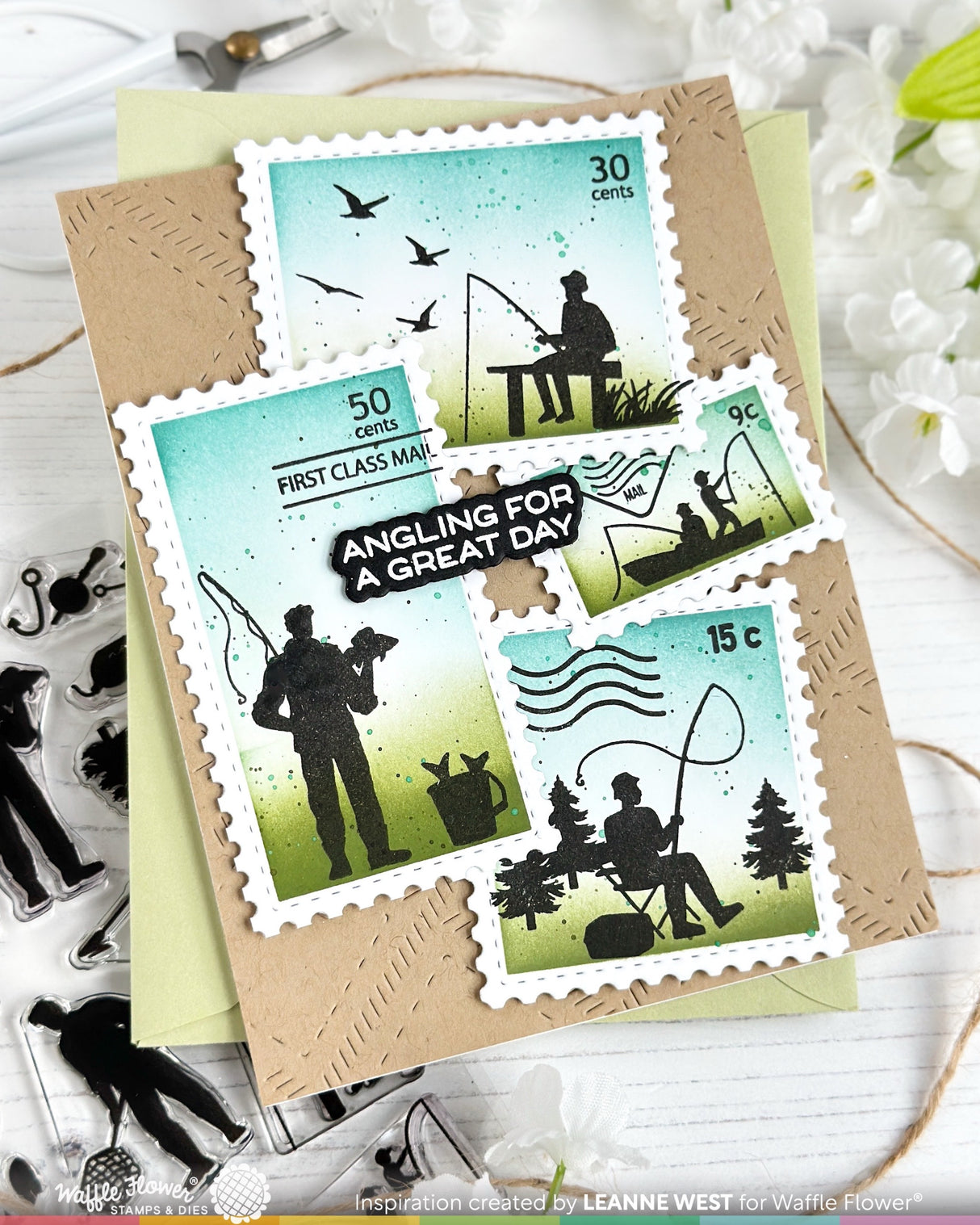 Waffle Flower Postage Collage Fishing Silhouettes Stamp Set - 422555