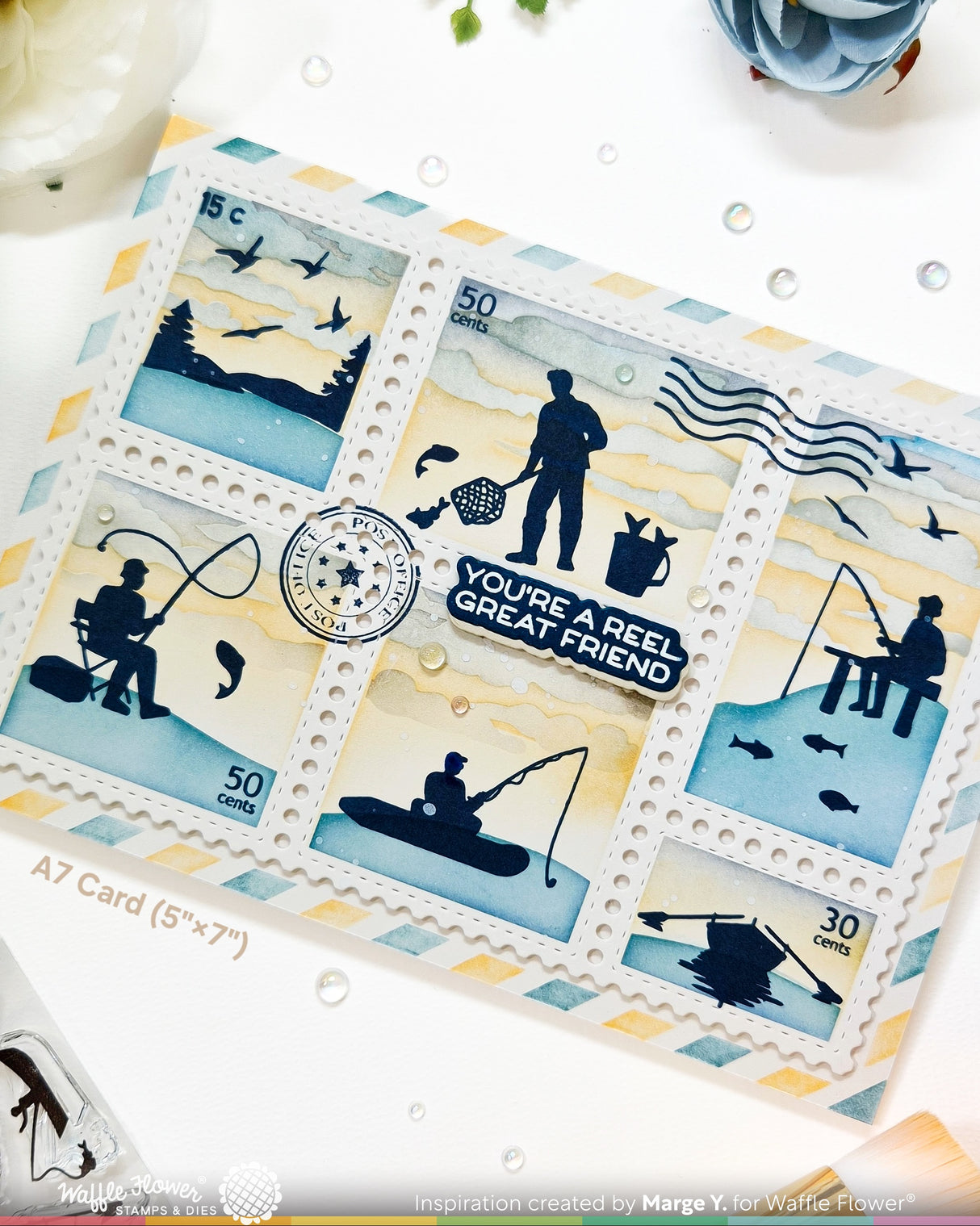 Waffle Flower Postage Collage Fishing Silhouettes Stamp Set - 422555