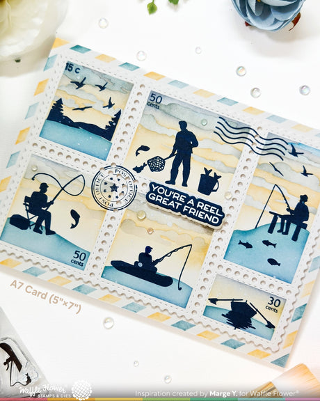 Waffle Flower Postage Collage Fishing Silhouettes Stamp Set - 422555