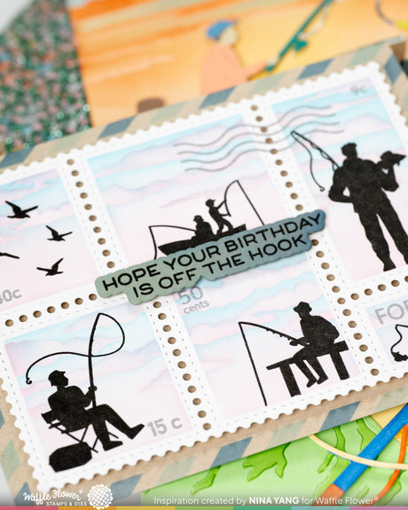 Waffle Flower Postage Collage Fishing Silhouettes Stamp Set - 422555