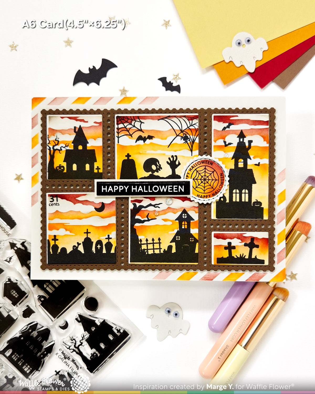 Waffle Flower Postage Collage Haunted House Silhouette Stamp Set - 422605