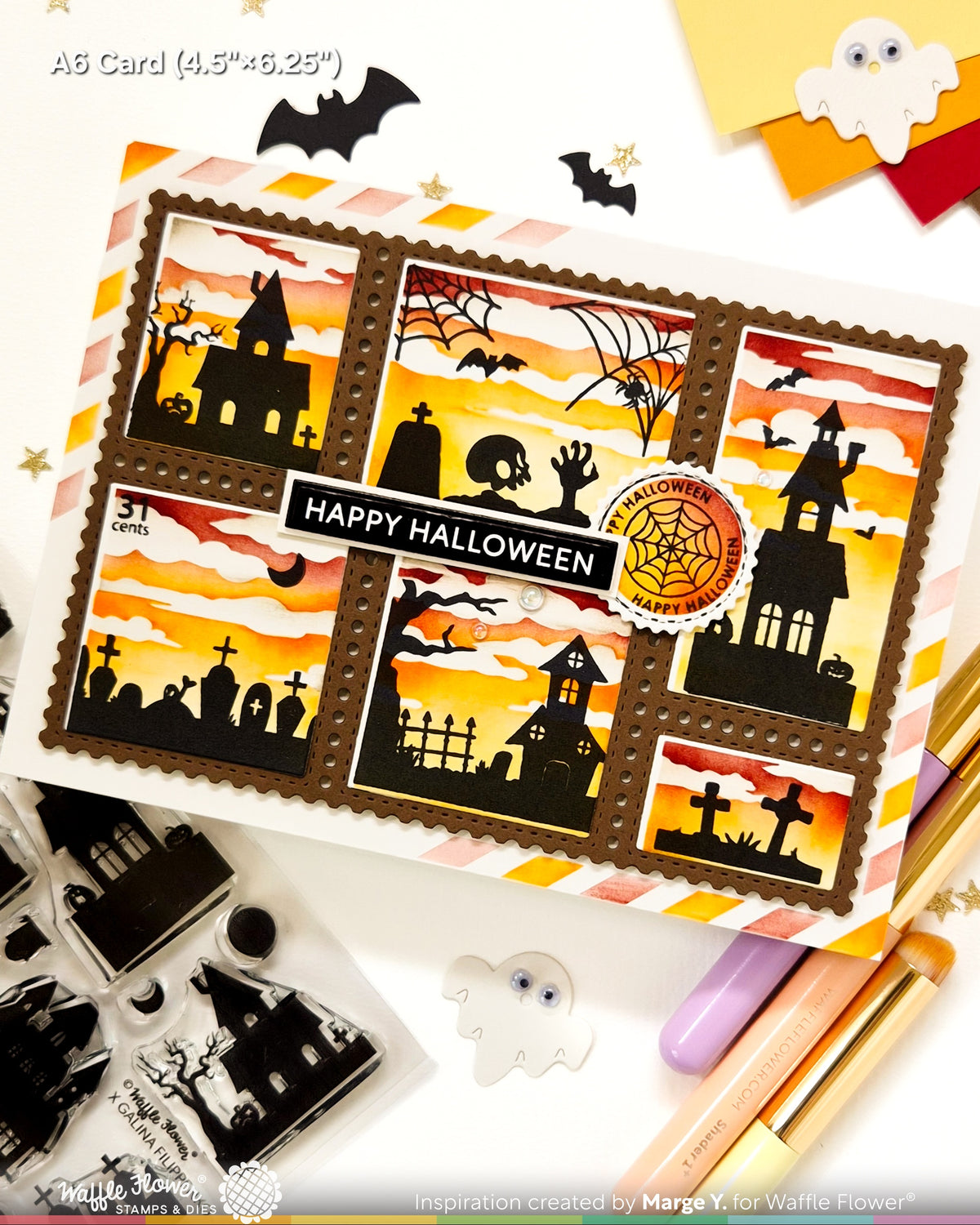 Waffle Flower Postage Collage Haunted House Silhouette Stamp Set - 422605