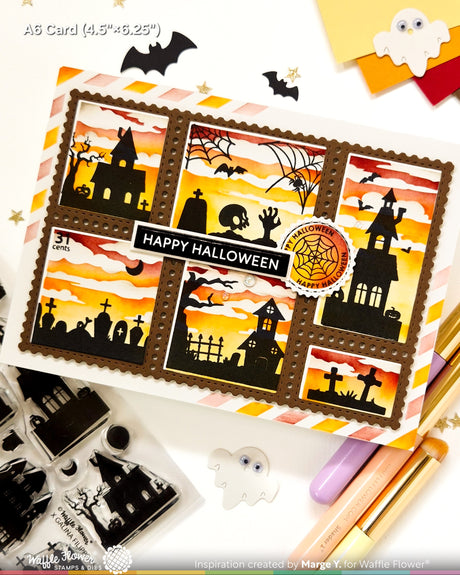 Waffle Flower Postage Collage Haunted House Silhouette Stamp Set - 422605