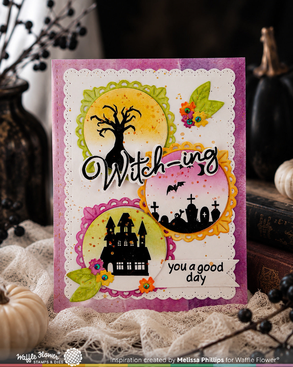 Waffle Flower Postage Collage Haunted House Silhouette Stamp Set - 422605
