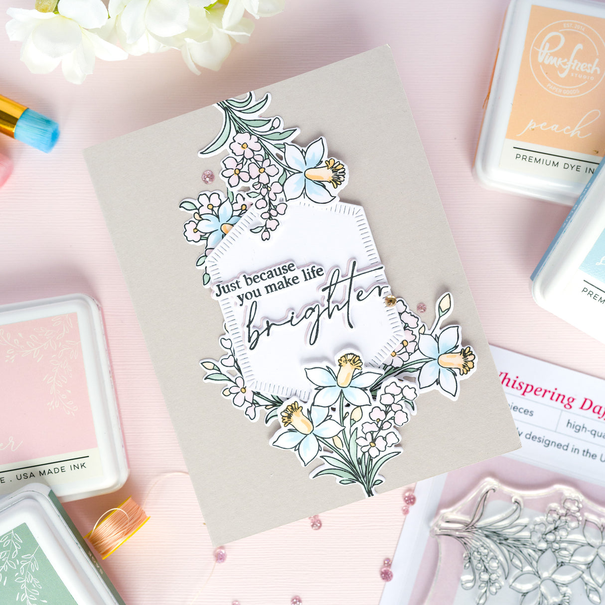 Pinkfresh Studio Whispering Daffodils stamp, die, Stencil and Washi Bundle