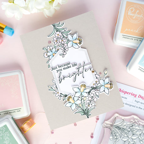 Pinkfresh Studio Whispering Daffodils stamp, die, Stencil and Washi Bundle