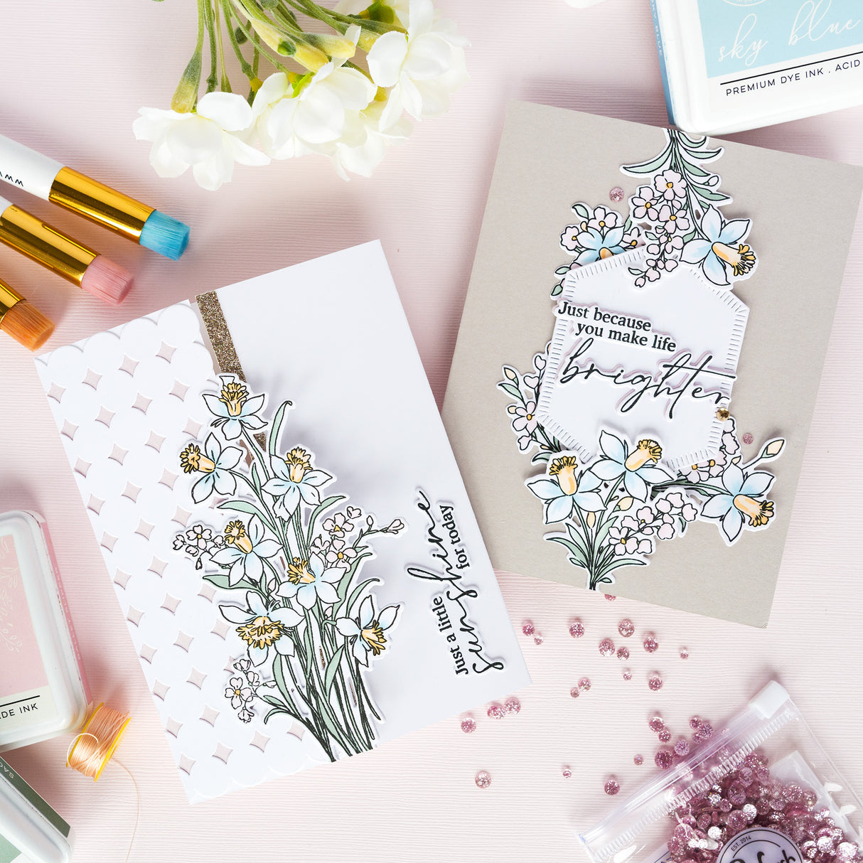 Pinkfresh Studio Whispering Daffodils stamp, die, Stencil and Washi Bundle