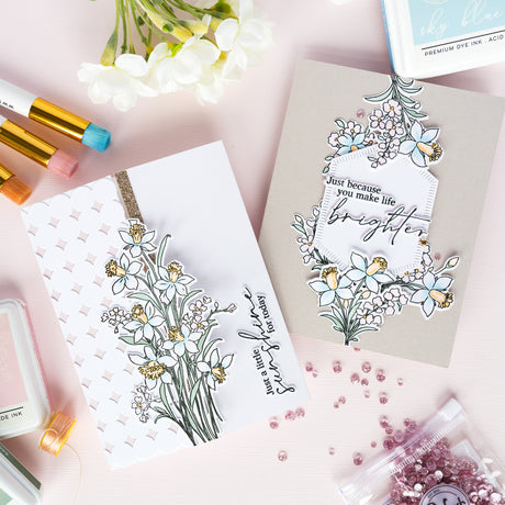 Pinkfresh Studio Whispering Daffodils stamp, die, Stencil and Washi Bundle