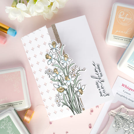 Pinkfresh Studio Whispering Daffodils stamp, die, Stencil and Washi Bundle