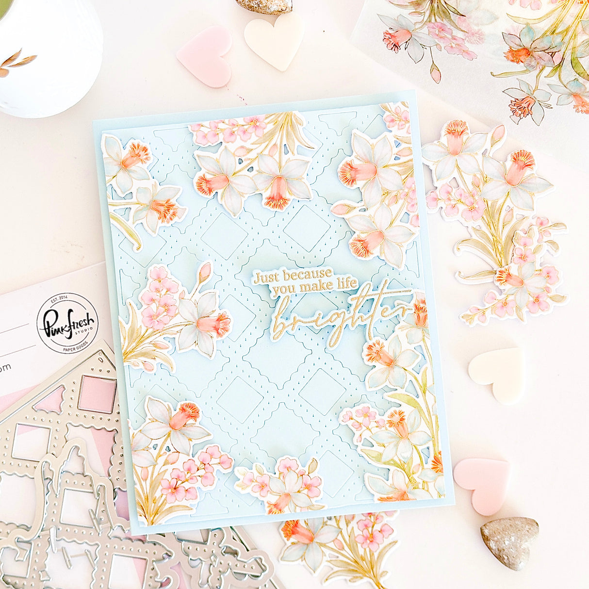 Pinkfresh Studio Whispering Daffodils stamp, die, Stencil and Washi Bundle