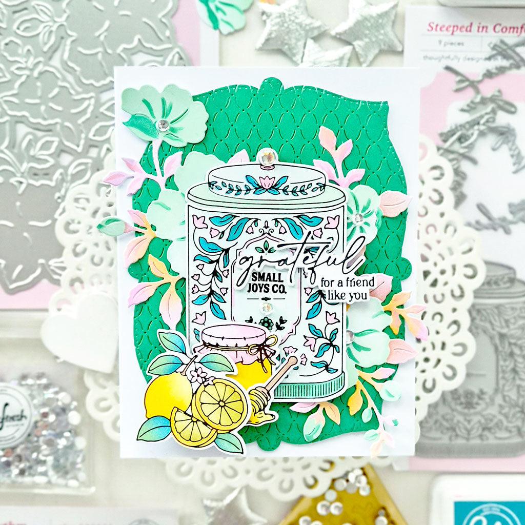 Pinkfresh Studio Steeped in Comfort stencil stamp and die