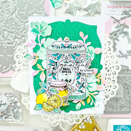 Pinkfresh Studio Steeped in Comfort stencil stamp and die
