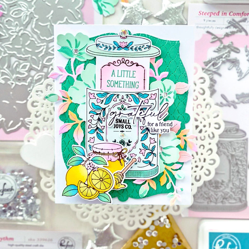 Pinkfresh Studio Steeped in Comfort stencil stamp and die