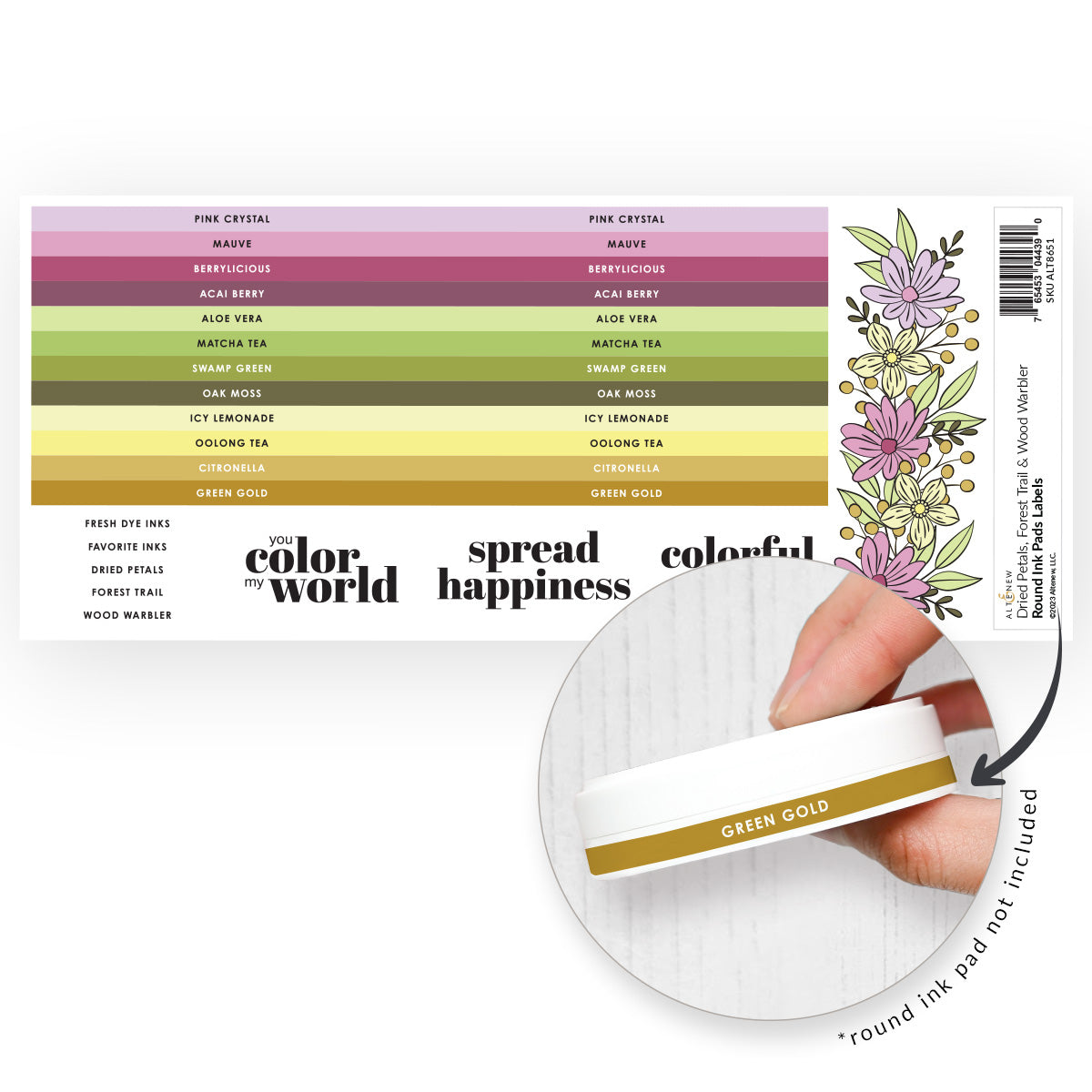 Altenew Round Ink Pads Label Set - Dried Petals, Forest Trail, Wood Warbler
