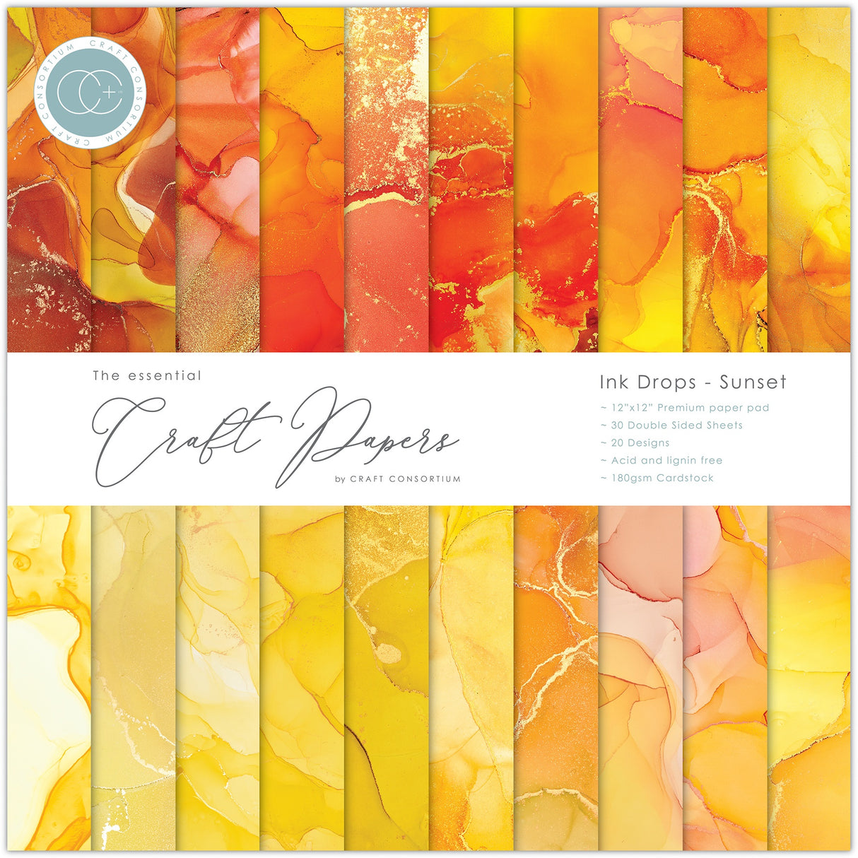 Craft Consortium Double-Sided Paper Pad 12"X12" 30/Pkg Ink Drops - Sunset, 20 Designs