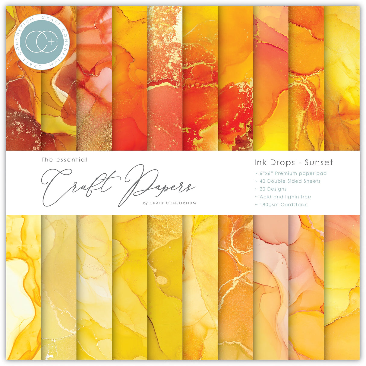 Craft Consortium Double-Sided Paper Pad 6"X6" 40/Pkg Ink Drops - Sunset, 20 Designs