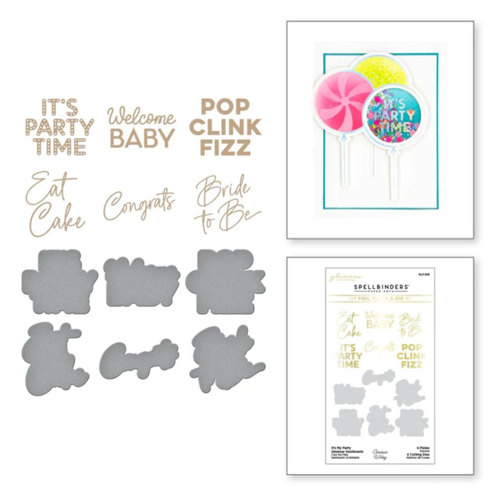 Spellbinders IT'S MY PARTY GLIMMER SENTIMENTS HOT FOIL PLATE & DIE SET FROM THE IT'S MY PARTY COLLECTION BY CARISSA WILEY