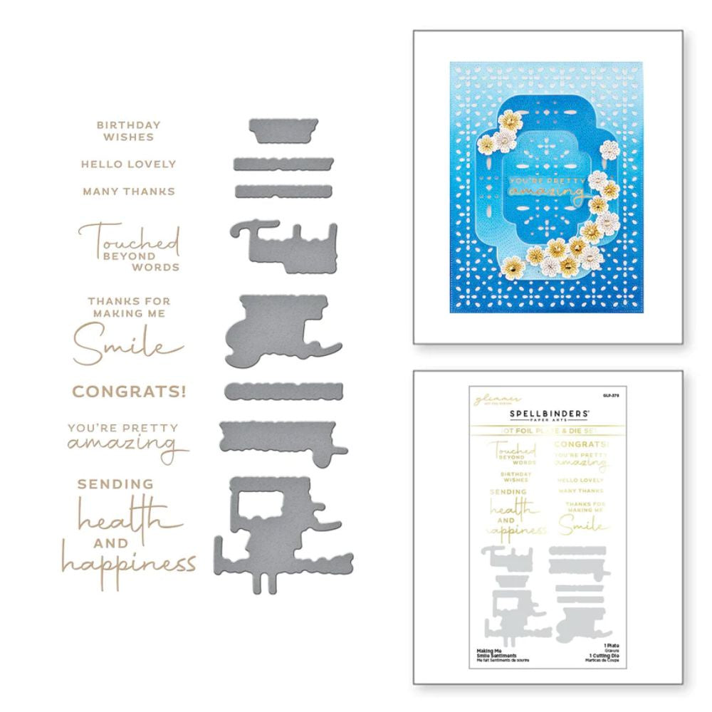 Spellbinders Making Me Smile Sentiments Glimmer Hot Foil Plate & Die Set from the Four Petal Collection