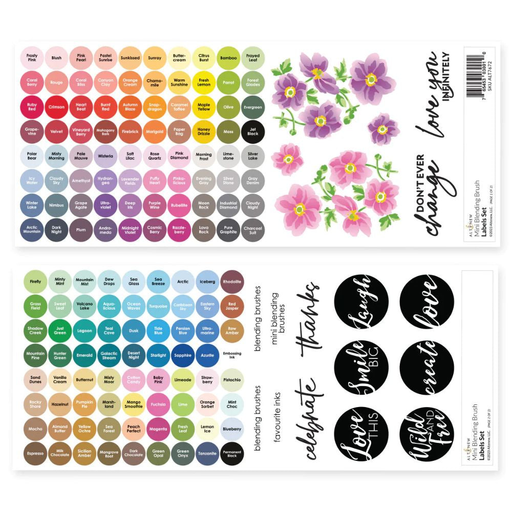 Altenew Mini Blending Brush Label Set - All Crisp Dye Ink Colors (2 Sheets)