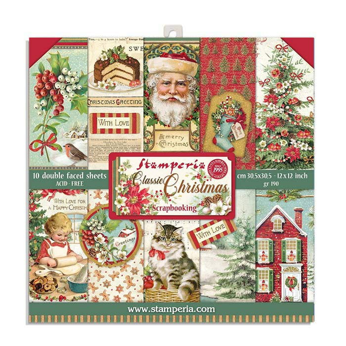 Stamperia Scrapbooking Small Pad 10 sheets cm 20,3X20,3 (8"X8") - Classic Christmas