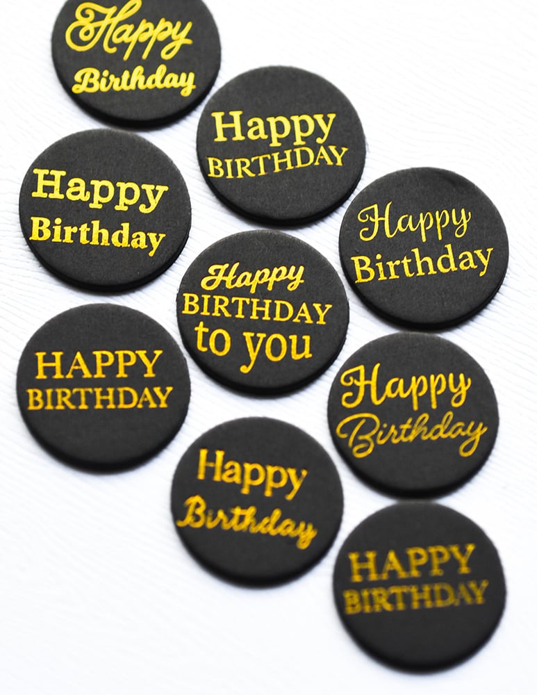 Memory Box ST011 Happy Birthday Foil Greetings Black Circle Tabs