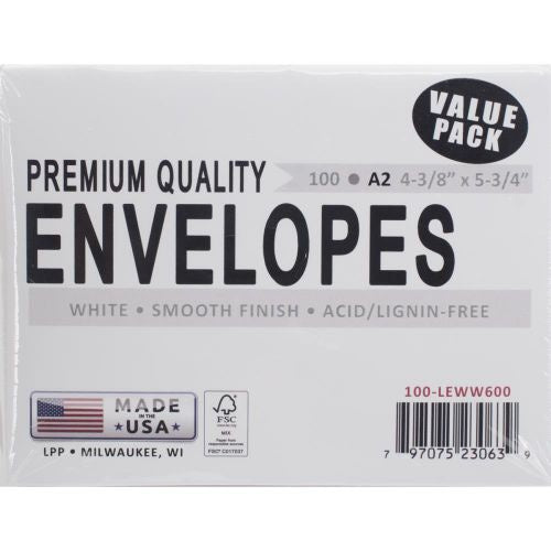 Leader A2 Envelopes (4.375"X5.75") 100/Pkg White